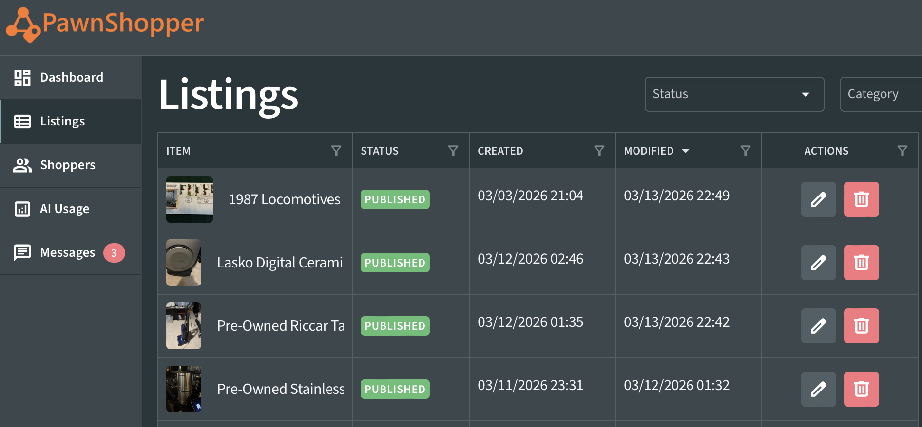 PawnShopper merchant dashboard for managing inventory listings