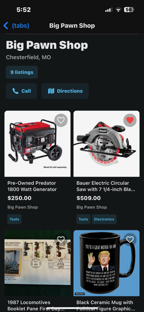 PawnShopper mobile app showing a shop storefront with inventory